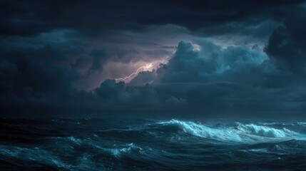 Obraz premium A stunning image of dark ocean storm at night with lighting and waves.