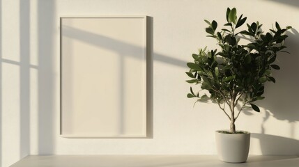 A minimalist interior scene showcasing a blank frame on a textured wall beside a vibrant green plant in a modern pot. with soft shadows enhancing the serene atmosphere