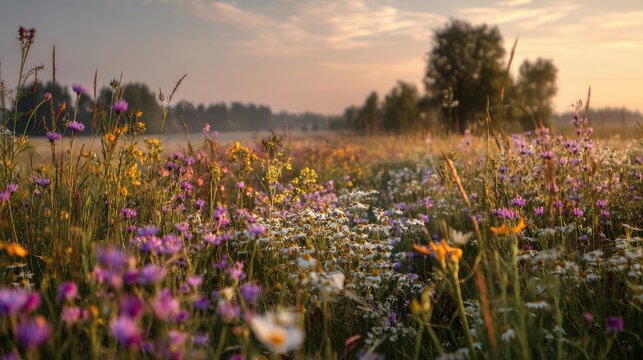 A stunning image of during Latvia s enchanting midsummer solstice a captivating wild meadow bursts with vibrant colorful flowers creating a dreamy scene in the countryside Native.