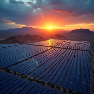 Uma vista a&eacute;rea panor&acirc;mica de um imenso parque solar no deserto ao crep&uacute;sculo. 