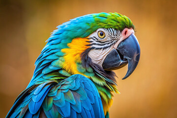 Fototapeta premium Stunning close up view of a beautiful colorful macaw parrot with bright feathers