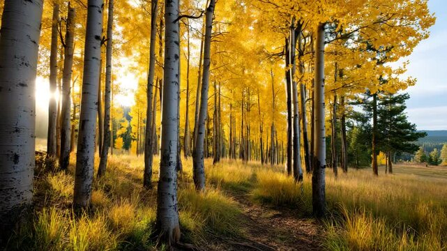 A serene view of a golden aspen forest illuminated by sunlight, showcasing vibrant autumn foliage against a backdrop of calm nature and tranquility.