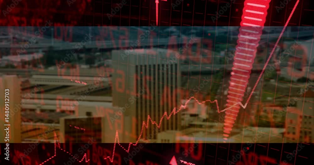 Poster red arrow climbing over skyscraper grid lines while numeric finance data scrolling in 3d render