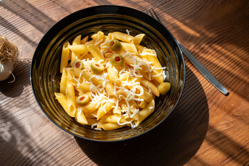 Pasta With Olives, Herbs And Cheese. Healthy Food. Italian Cuisine close up