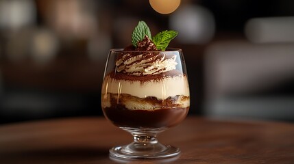 Layered Dessert in a Glass Topped with Mint
