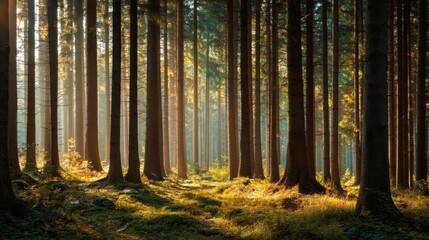 Fototapeta premium A stunning image of tall straight trees in a sunny forest in the summer. Creative banner. Copyspace image.