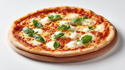 A stunning image of top view of a margherita pizza with copy space image presented on a white background.