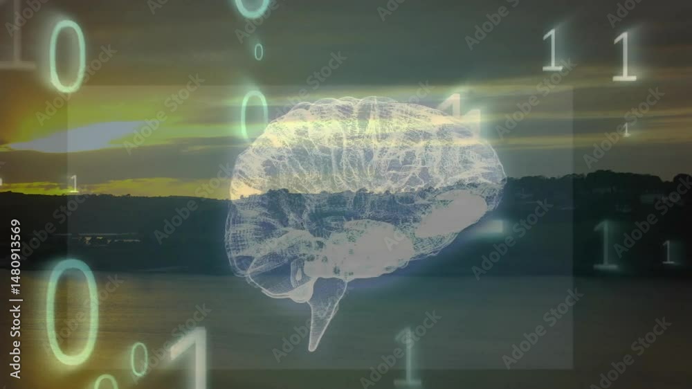 Poster digital 3d wireframe brain hovering over dusk landscape, floating binary digits reflecting on water