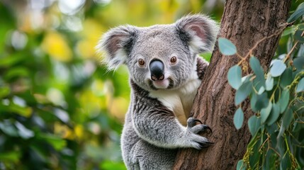 Fototapeta premium A playful koala clings to a eucalyptus tree in a serene Australian forest. surrounded by lush greenery and dappled sunlight. showcasing the beauty of wildlife in its natural habitat
