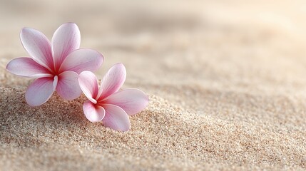 Hawaiian Flowers on Sandy Beach With Warm Tropical Light Creating a Serene Still Life Scene
