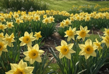 Close-up of a cluster of sunny daffodils in a verdant field ,  bloom,  golden