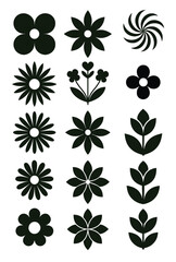 stylized black and white floral patterns, geometric flower designs, abstract flower illustrations, minimalist flower icons, simple nature silhouettes, symmetrical botanical graphics
