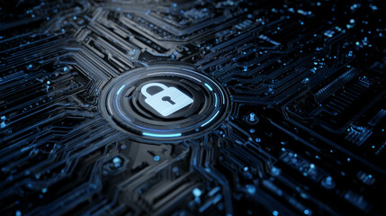 Close-up of glowing blue circuit board with a padlock icon, symbolizing digital security and data protection, ideal for tech or cybersecurity concepts