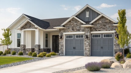 A stunning image of home s exterior showcasing gray double garage doors and a stone wall with plenty of copy space for images.