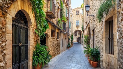 Fototapeta premium Charming Cobblestone Alleyway in Historic European Town, Warm Sunlight, Traditional Architecture, Quaint Street Scene, Mediterranean Village