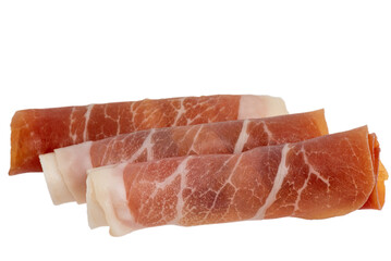 Jamon meat rolled up in a roll isolate. Delicious dried meat.