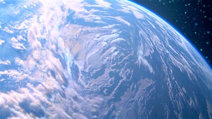 Obraz premium Earth curves through deep space, textured clouds swirl in icy blue atmosphere, Earth repeats twice as smooth surface and weathered sphere in cosmic orbital distance view.