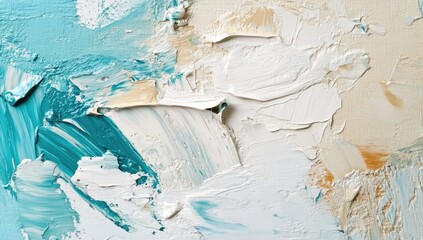 Abstract painting featuring bold strokes of teal. white. and beige. creating a dynamic visual texture. suitable for modern home decor or art promotion
