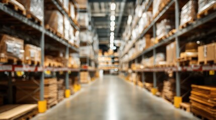 A stunning image of warehouse industry blur background with logistic wholesale storehouse, blurry industrial silo interior aisle for furniture merchandise inventory and wood.