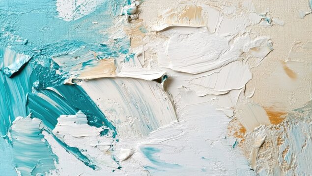 Abstract painting featuring bold strokes of teal. white. and beige. creating a dynamic visual texture. suitable for modern home decor or art promotion