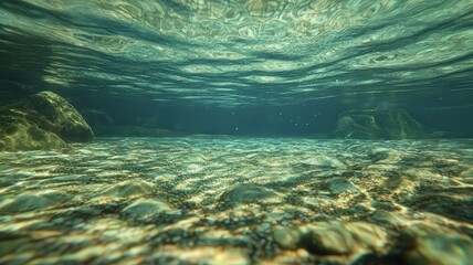 Underwater Riverbed Scene with Ripples and Sunlight