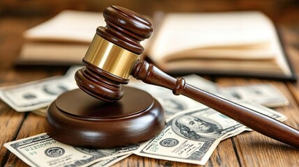 A wooden desk adorned with legal books. a gavel. scales of justice. and stacks of money. symbolizing law and finance in a scholarly environment