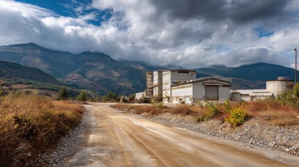 A stunning image of industrial building for stone and gravel processing with mountains in the background and dirt road leading to the site.