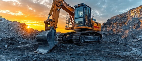 A yellow excavator works at a mine during sunset.  The machine is positioned on dark, rocky terrain