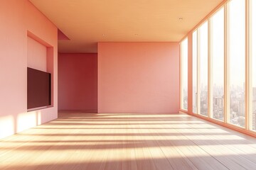 Obraz premium Bright and airy interior of a modern empty room with pink walls. featuring large windows that showcase a city skyline in the background. perfect for real estate or design use