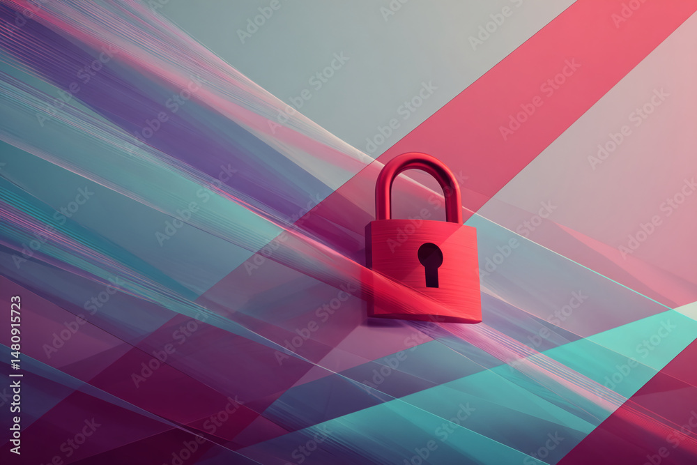 Poster Red padlock on abstract pastel background of diagonal lines and shapes, symbolizing digital security and data protection