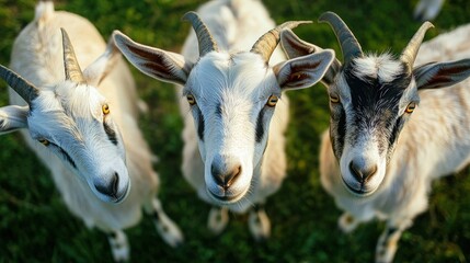 Obraz premium Close-up of a curious black and white goat portrait, detailed facial features, outdoor lifestyle, rural animal portrait, farm animal photography.
