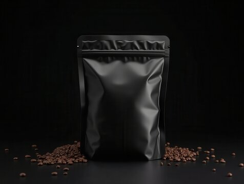 a black zip bag on a black background and coffee beans next to it