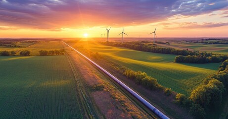 Naklejka premium A breathtaking aerial view of a long pipeline stretching through vibrant green fields. with wind turbines turning in the background under a colorful sunset sky