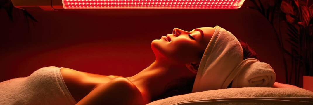 A serene woman undergoing a rejuvenating skincare treatment under a warm red light. with a minimalistic background enhancing the calming atmosphere of the spa environment