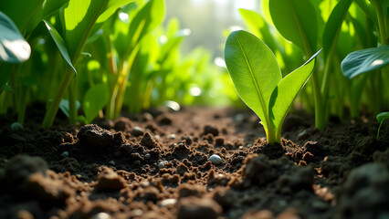 Fertile alluvial soil with thriving green plants, riverbank ecosystem, rich organic earth details.