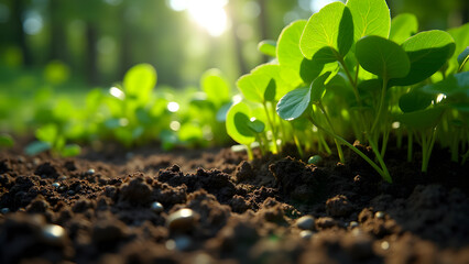 Fertile alluvial soil with thriving green plants, riverbank ecosystem, rich organic earth details.