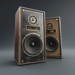 Vintage wooden speakers with retro design and textured front panels

