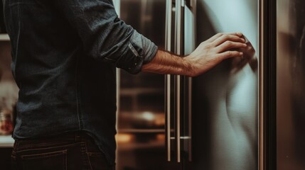 Man opening stainless steel refrigerator door closeup