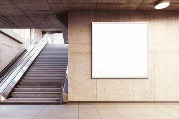 A blank advertising space in a modern subway station. with a staircase leading upwards and minimalistic architecture. ideal for urban lifestyle promotions or public announcements