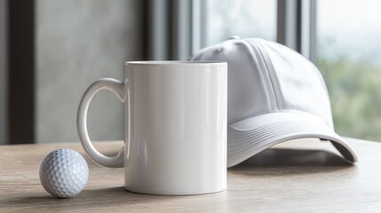 A blank, white, mock up template of an 11oz mug on a table with a white golf cap and golf ball, mug D-handle on right side, Fathers day, birthday gift