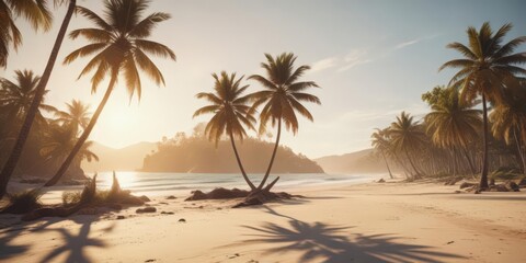 Obraz premium Sun-drenched beach, palm trees, vintage film grain, soft light, sunlight, beach scene