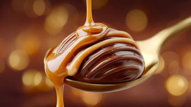 Close-up of Chocolate Dessert with Caramel Drizzle on a Golden Spoon and Warm Bokeh Background