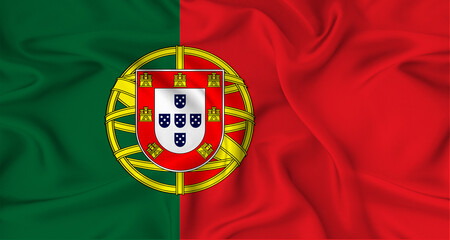 Realistic Portugal flag waving. Close up of flag of Portugal with cloth texture