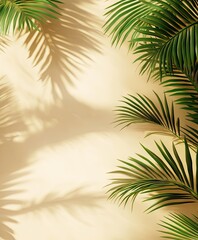 Lush green palm leaves casting intricate shadows on a soft beige wall. creating a serene and tropical atmosphere. perfect for relaxation or interior design inspiration