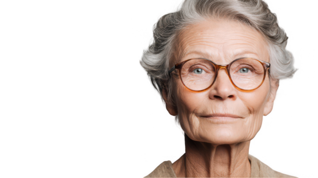 an elderly woman with glasses on a white background, a close-up portrait, png, transparent
