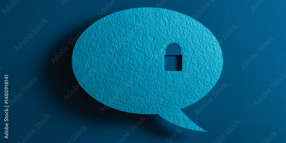 Poster Textured teal speech bubble with cutout padlock symbol, representing secure communication or data privacy, ideal for online security concepts