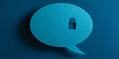 Textured teal speech bubble with cutout padlock symbol, representing secure communication or data privacy, ideal for online security concepts