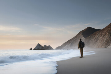 serene california coastline at sunset featuring lone traveler gazing at horizon