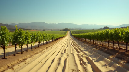 Fototapeta premium Vineyard rows on light loam soil at sunrise, perfect agricultural patterns, soft earth tones contrasting with green vines.