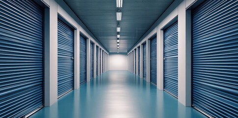 Obraz premium A clean and organized storage facility corridor featuring multiple blue storage units. with bright fluorescent lighting illuminating the space. creating a secure atmosphere for personal belongings